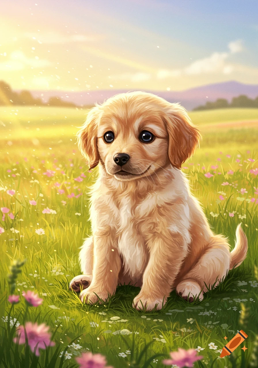 A cute golden retriever puppy sits in a sunny green field with pink flowers, depicted in a digital painting style.