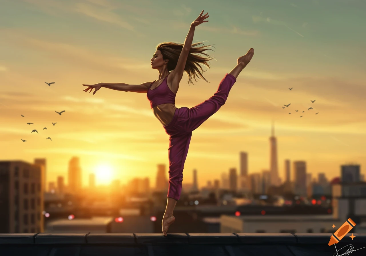 Digital painting of a woman in a ballet pose on a rooftop at sunset, with a city skyline in the background.