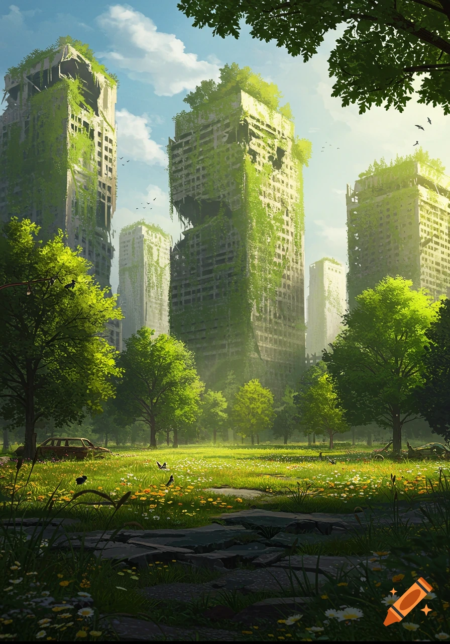Vibrant post-apocalyptic landscape with overgrown skyscrapers, lush trees, and a field of wildflowers under a bright sky.