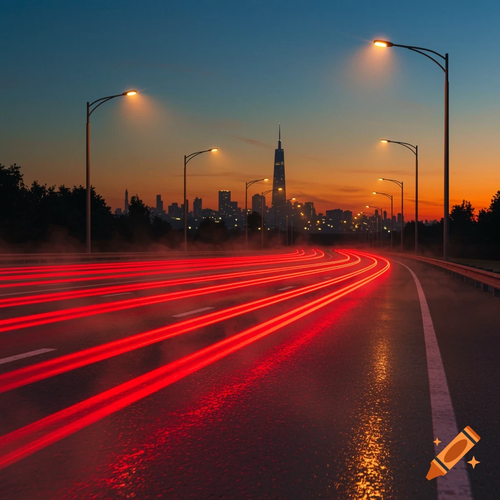 A long exposure shot of a highway at dusk with red light trails leading towards a city skyline under an orange and blue sky.