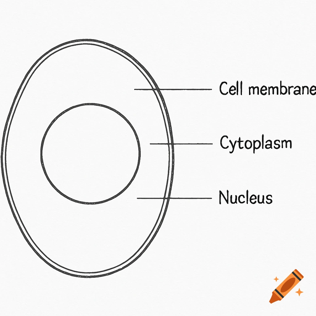 A simple black and white diagram of an animal cell, showing the cell membrane, cytoplasm, and nucleus with labels.