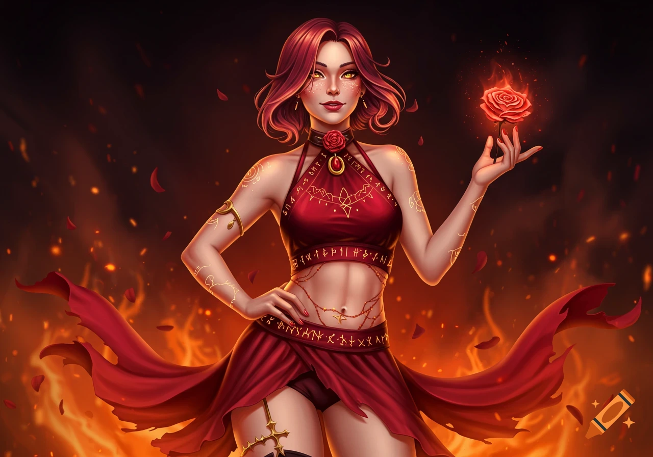 A fantasy woman with red hair and glowing gold eyes holds a fiery red rose, standing amidst flames with ornate gold sigils on her red outfit and skin.