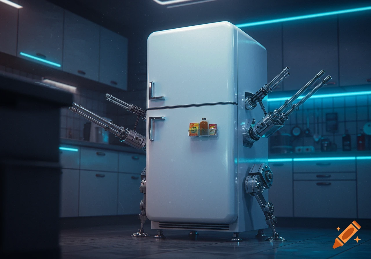 A futuristic white refrigerator with multiple gun arms and mechanical legs stands in a dark kitchen illuminated by blue neon lights.