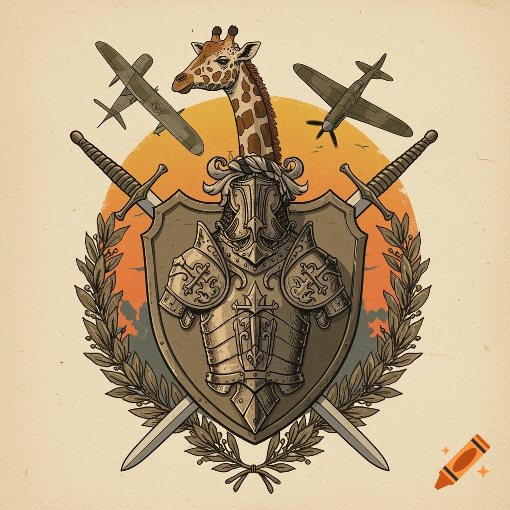 A vintage-style crest featuring a giraffe's head in a knight's helmet, crossed swords, WWII planes, and a laurel wreath against a sunset background.