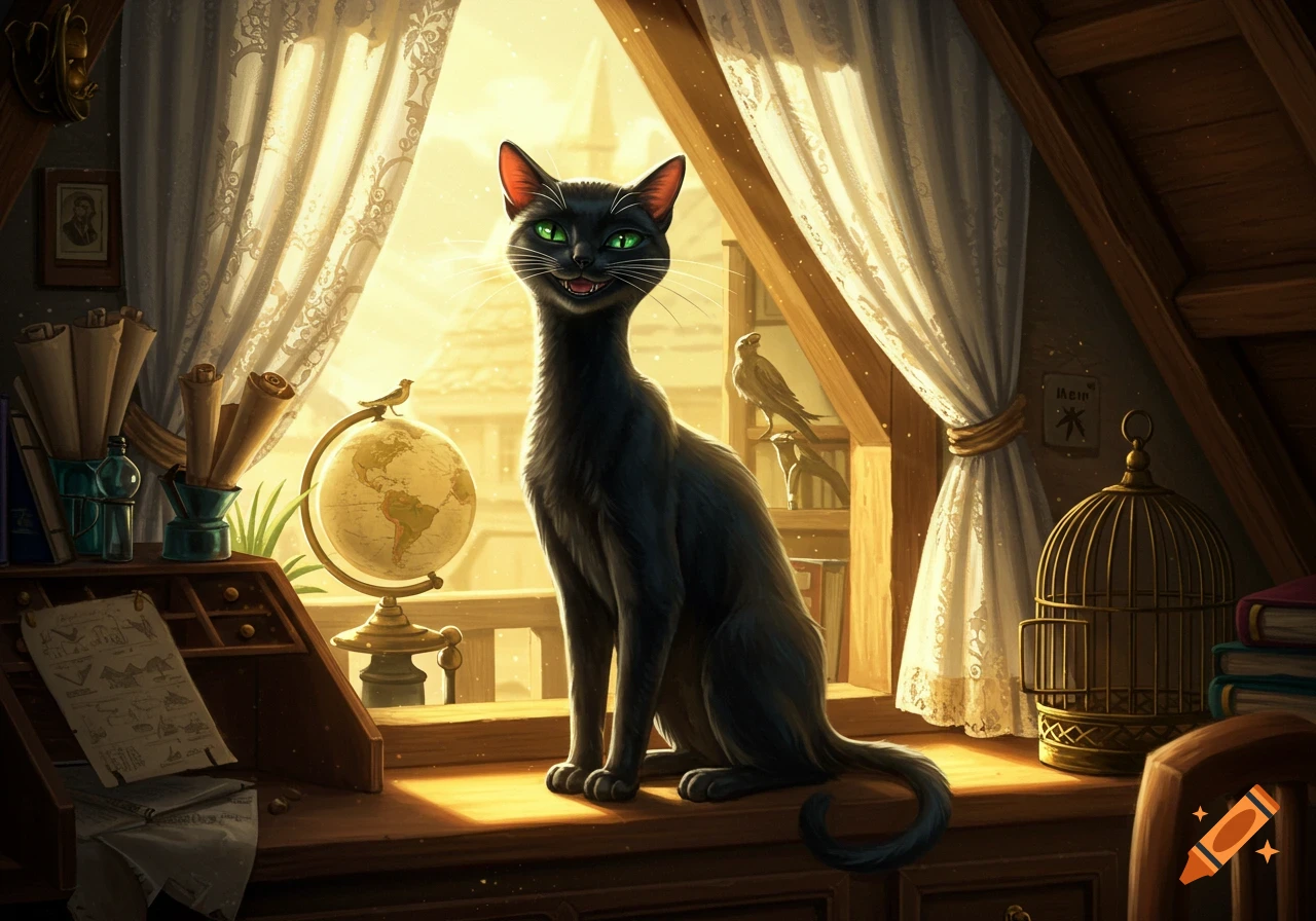 A black cat with bright green eyes and a mischievous grin sits on a wooden desk by a sunlit window with a globe and scrolls.