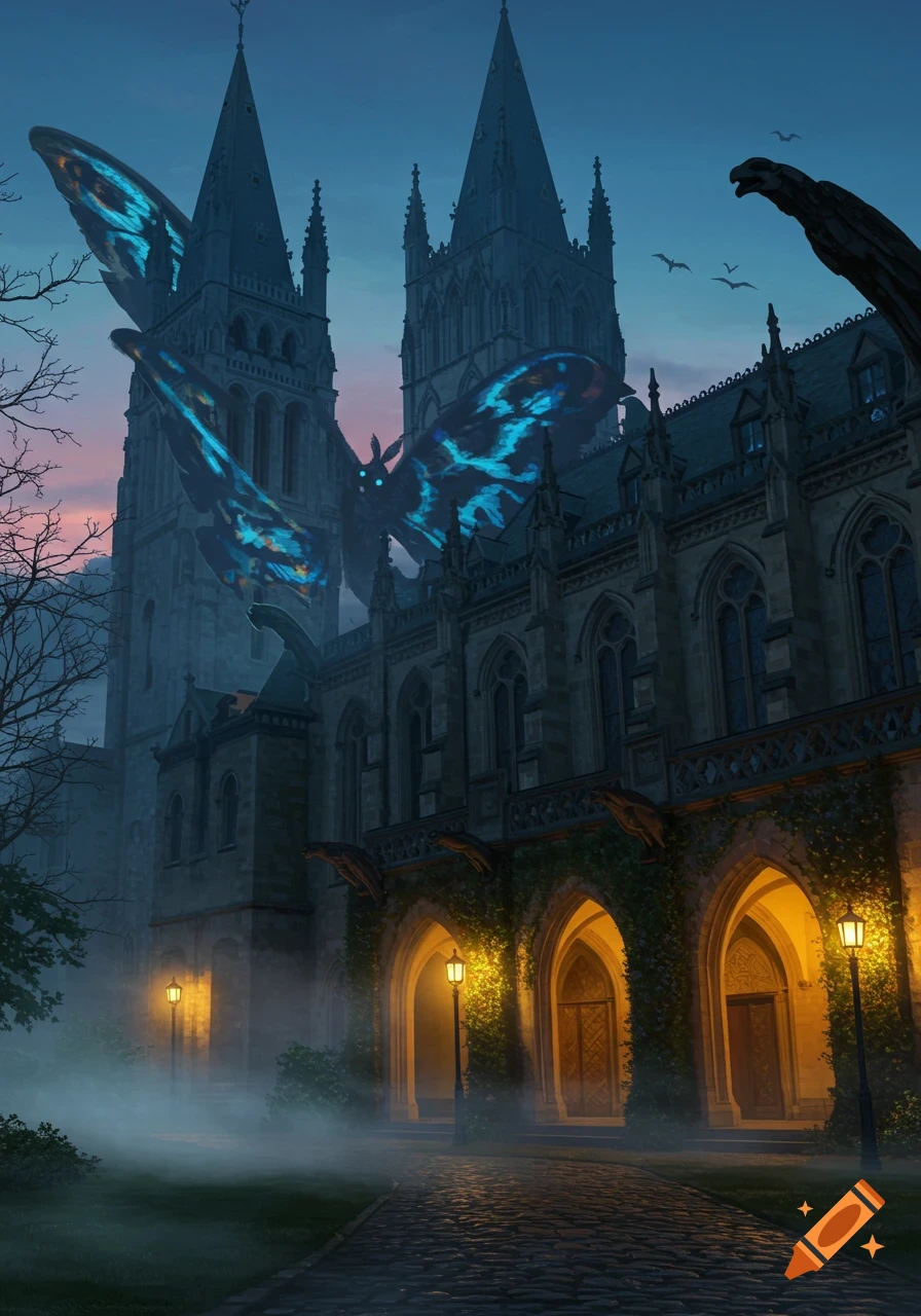 A giant glowing Mothman-like creature flies next to a grand, gothic university building at dusk, surrounded by mist and warm lamplight.
