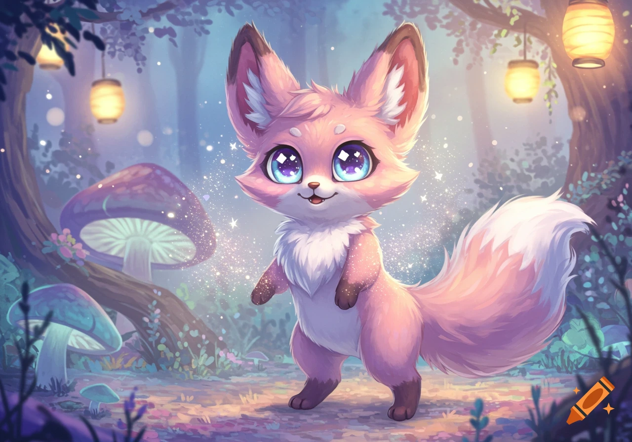 A cute pink furry fox-like creature with large blue eyes stands in a magical anime forest with glowing mushrooms and lanterns.