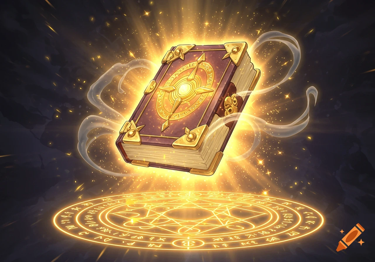 A glowing, ornate magical book floats above an illuminated arcane circle, radiating golden light and ethereal energy against a dark, mystical background, in a Yu-Gi-Oh! card art style.