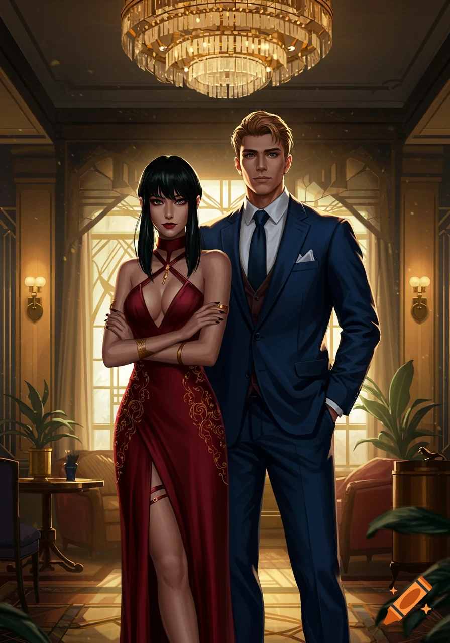 Anime-style illustration of a man in a blue suit and a woman in a red gown posing in a luxurious room.