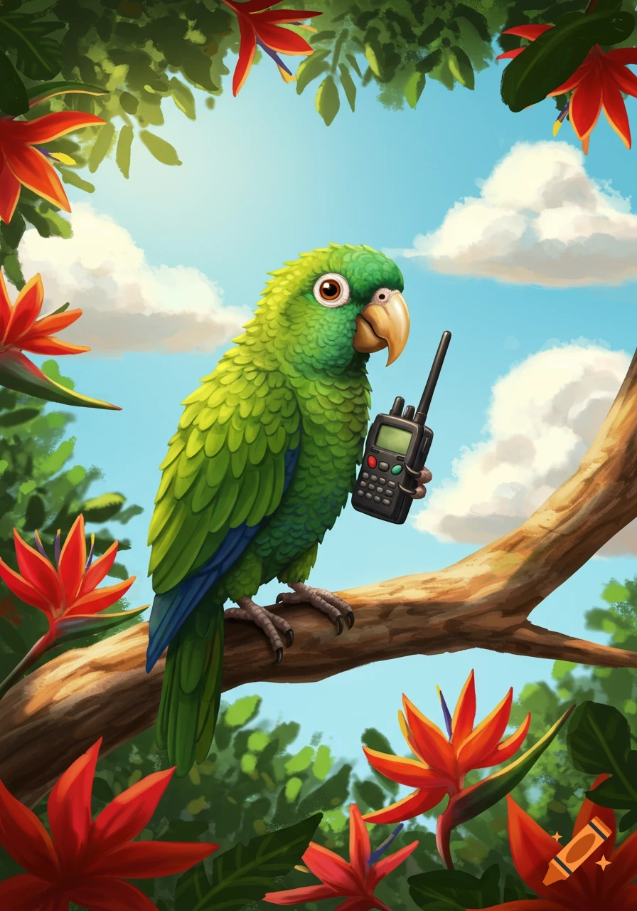 A green cartoon parrot with blue wing tips sits on a branch, holding a black walkie-talkie, surrounded by tropical leaves and red flowers under a blue, cloudy sky.