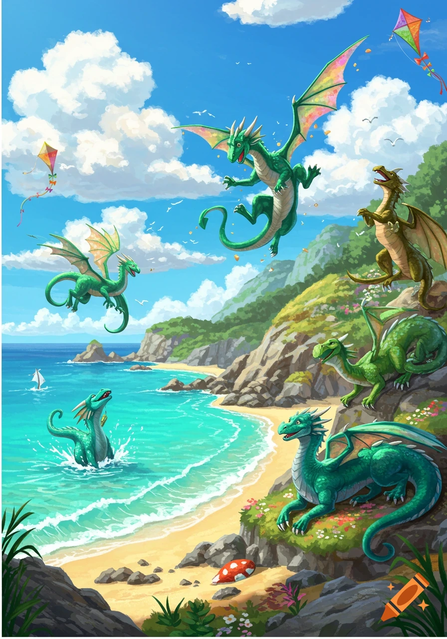 Animated green dragons flying and playing on a sunny beach with kites in the sky.