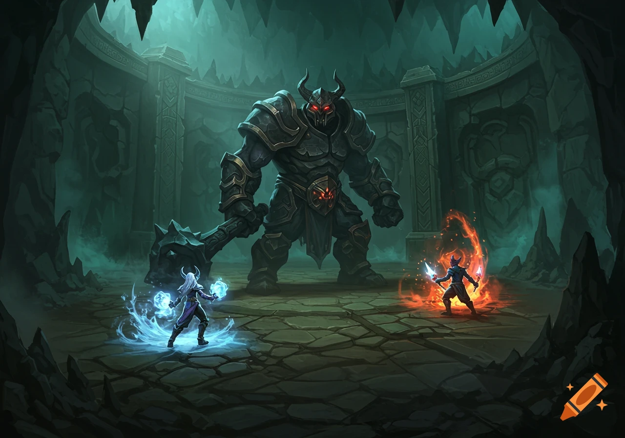 A giant horned demon-like monster with a hammer faces two smaller magic-wielding characters in a dark, cavernous arena with glowing magical effects.