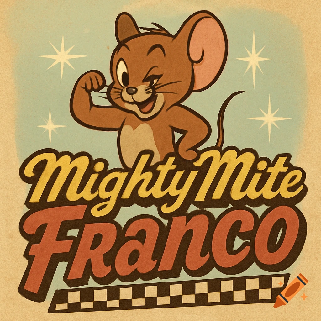 Retro-style logo with Jerry the mouse flexing, above the text 'Mighty Mite Franco' on a distressed background.
