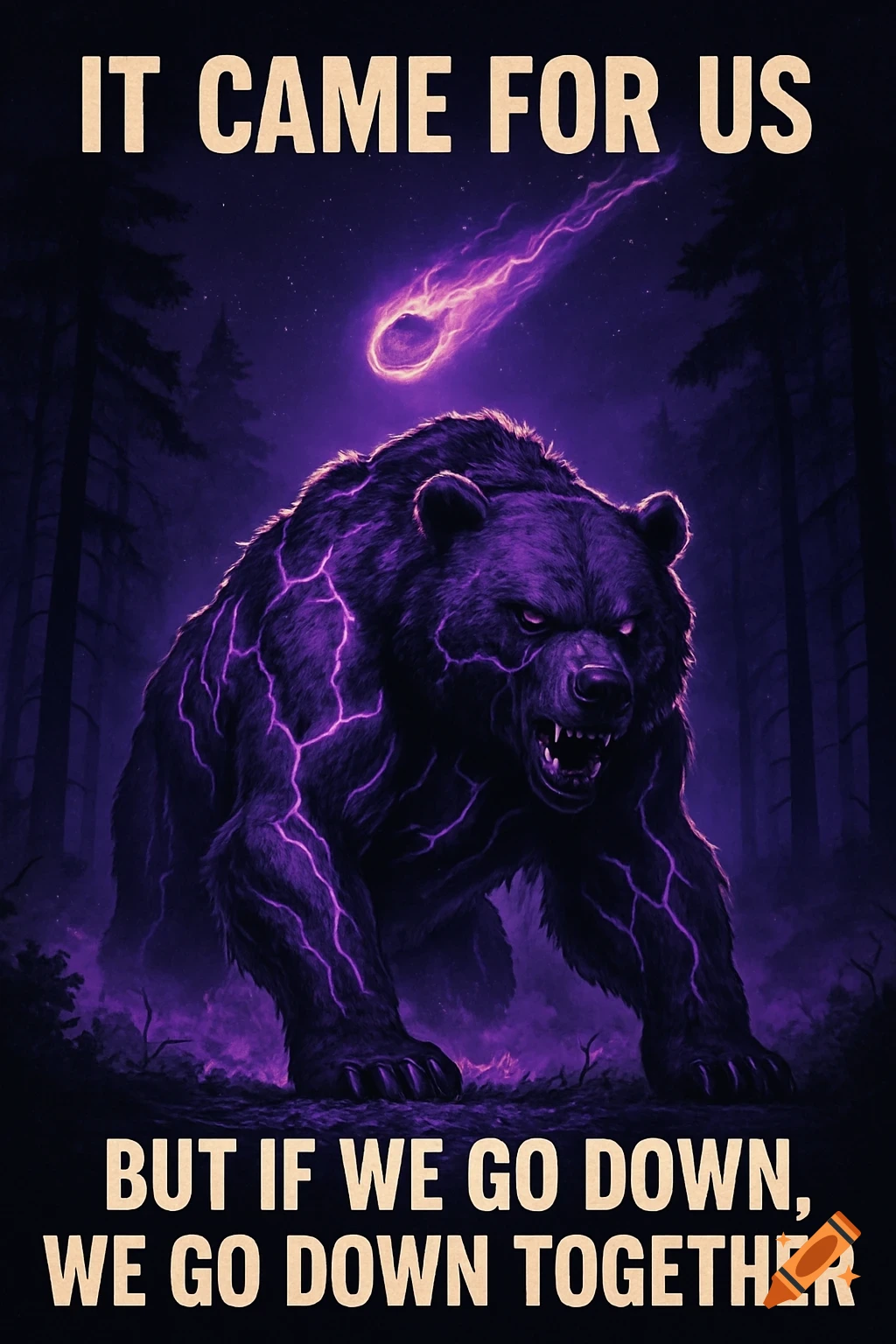 A roaring, mutated purple bear with glowing veins stands in a dark forest as a purple meteor streaks overhead. Text: 'IT CAME FOR US BUT IF WE GO DOWN, WE GO DOWN TOGETHER.' Poster art.