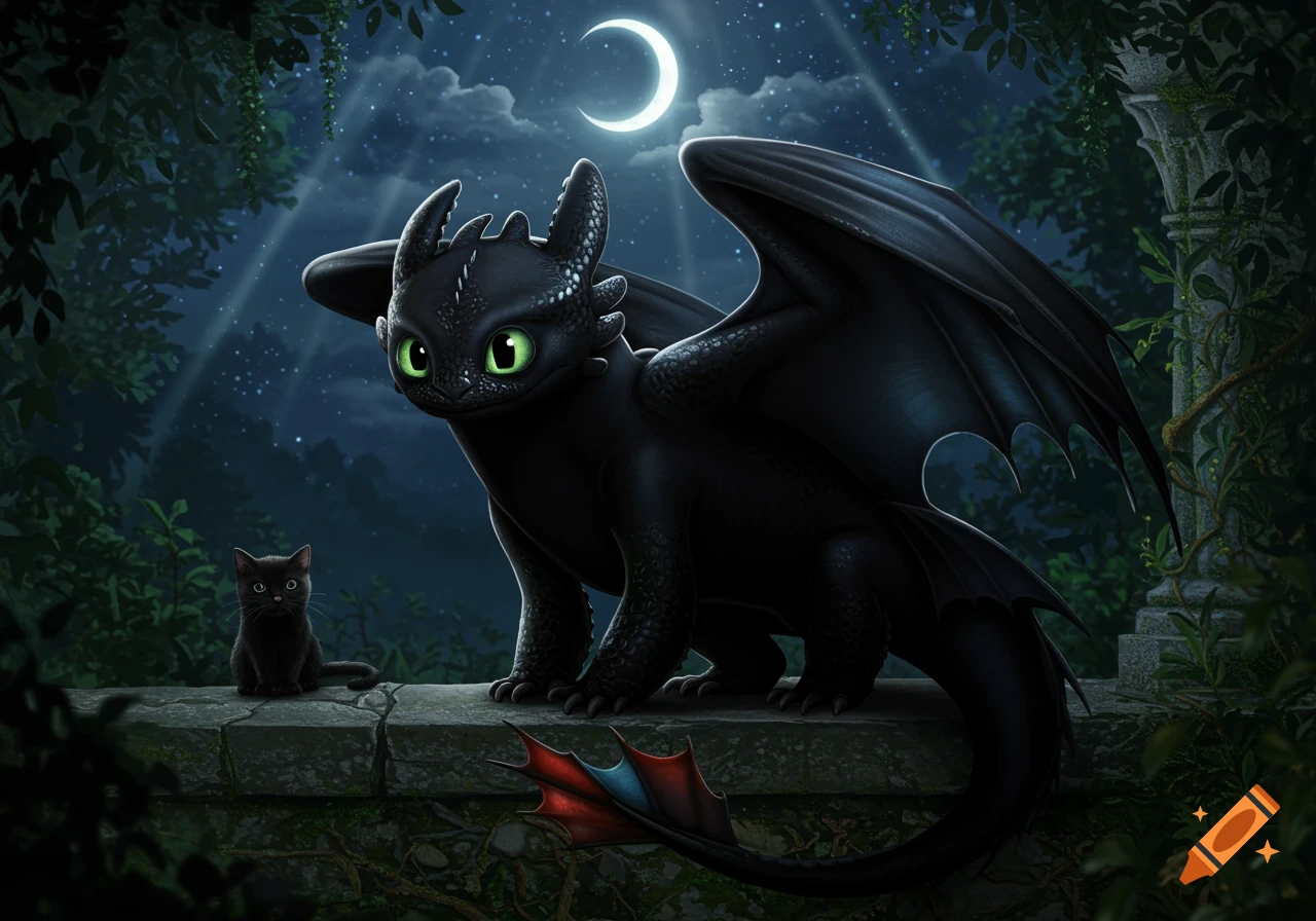 A cute black dragon and a small black cat sit on a moonlit stone wall in a dark forest illustration.