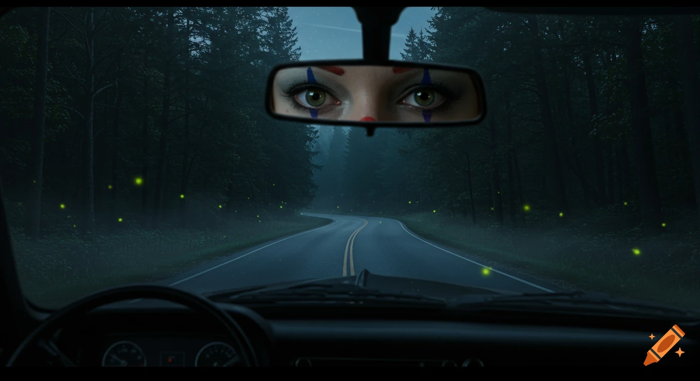 Photorealistic image of clown's eyes in a car's rearview mirror on a dark forest road with fireflies.