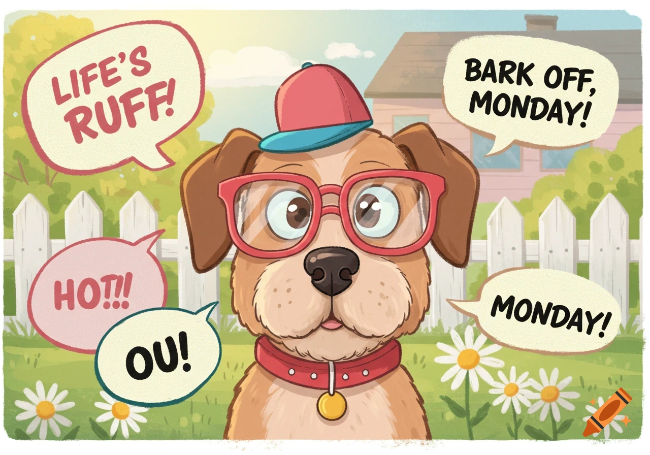 A cartoon dog wearing red glasses and a baseball cap stands in a yard with speech bubbles saying "LIFE'S RUFF!", "HOT!!!", "OU!", "BARK OFF, MONDAY!", and "MONDAY!".