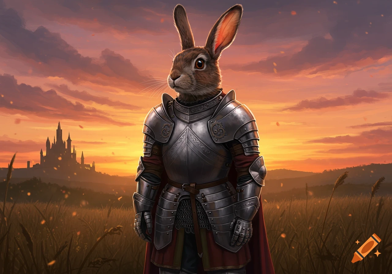 A knightly rabbit in full armor stands in a sunlit field with a fantasy castle in the background at sunset, digital painting.