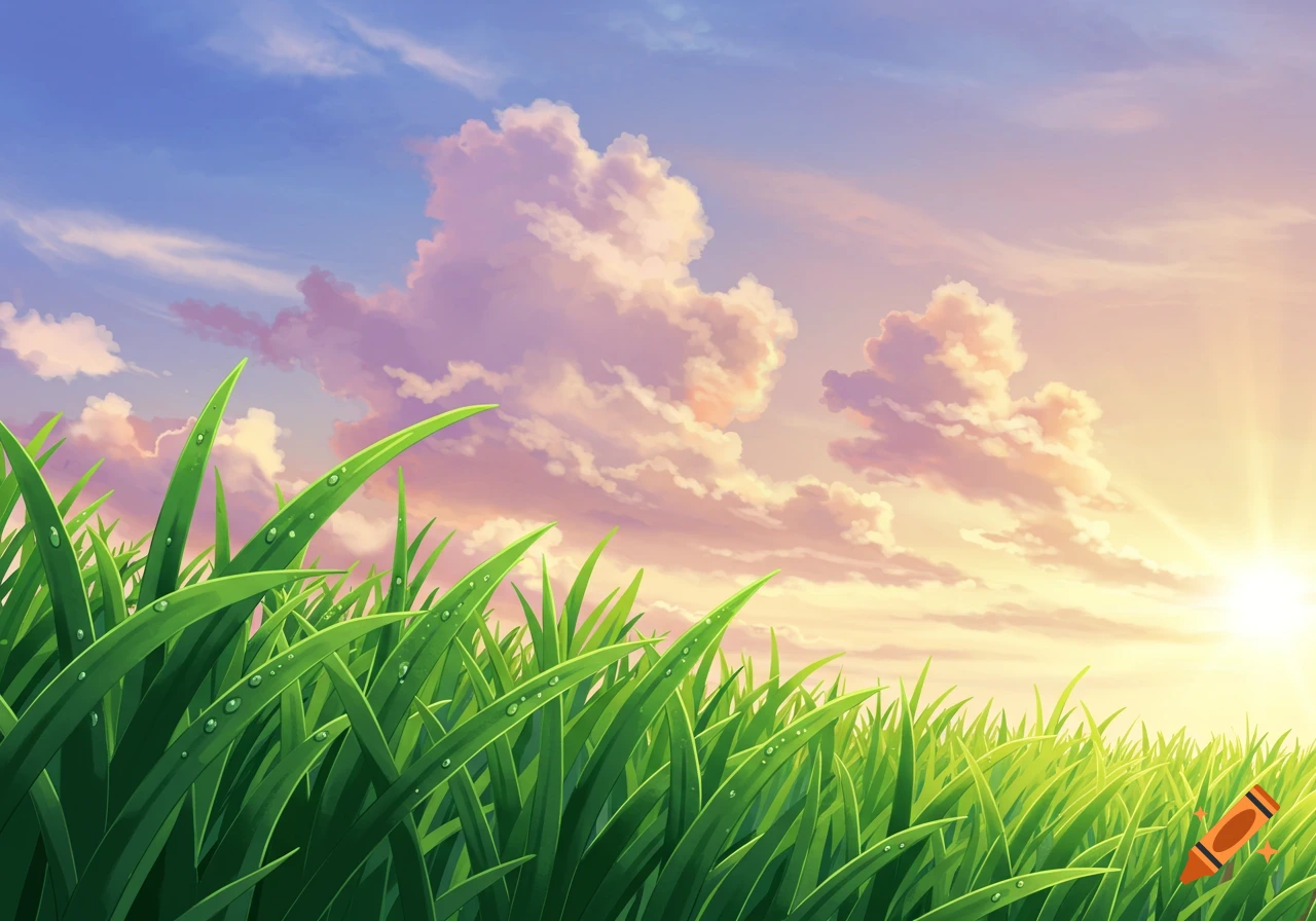 Upclose green grass with dew drops under a vibrant anime sky with pink clouds and a shining sun.