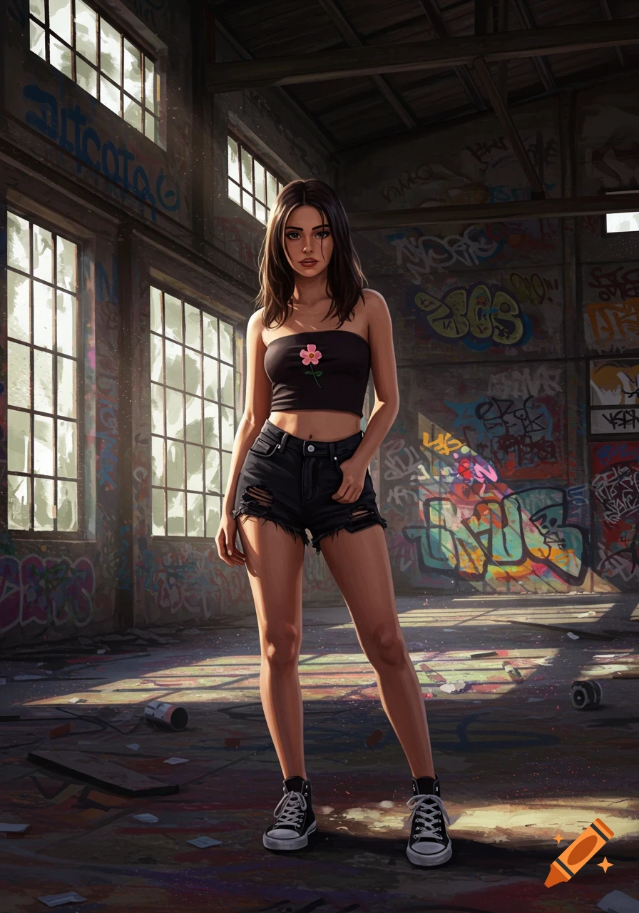 A young woman in a black tube top and ripped shorts stands in an abandoned building with graffiti.