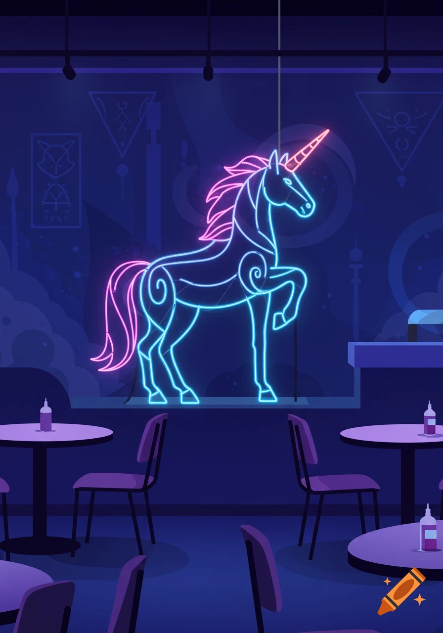 A glowing blue and pink neon unicorn sign hangs in a dark, purple-lit restaurant with tables and chairs.