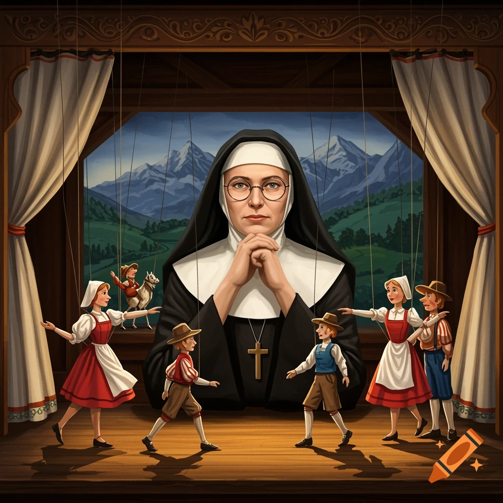 An illustration shows a large nun with glasses behind a puppet stage with small puppet characters dancing, mountains in the background.