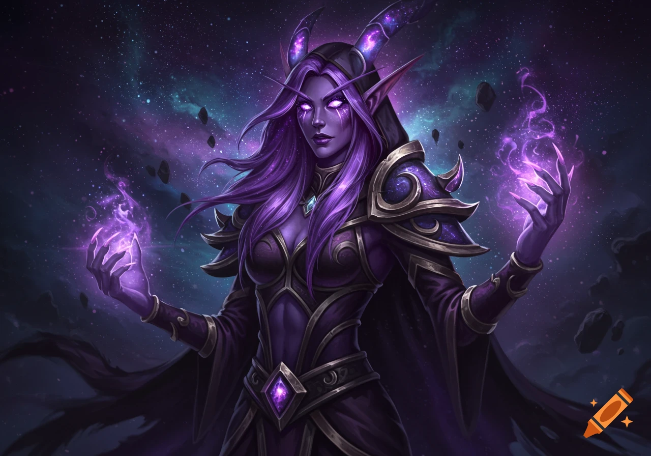 A female void elf with violet hair, purple skin, glowing eyes, and dark armor, conjuring purple magic against a cosmic background.