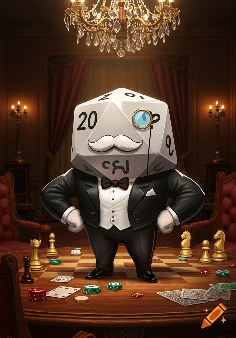 An anthropomorphic D20 dice character, resembling the Monopoly Man, with a monocle and mustache, wearing a tuxedo, stands on a table with chess pieces, poker chips, and playing cards in an opulent room.