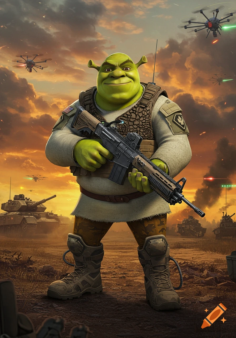 Shrek as a military soldier holding a rifle in a battlefield with tanks and drones under a sunset sky.