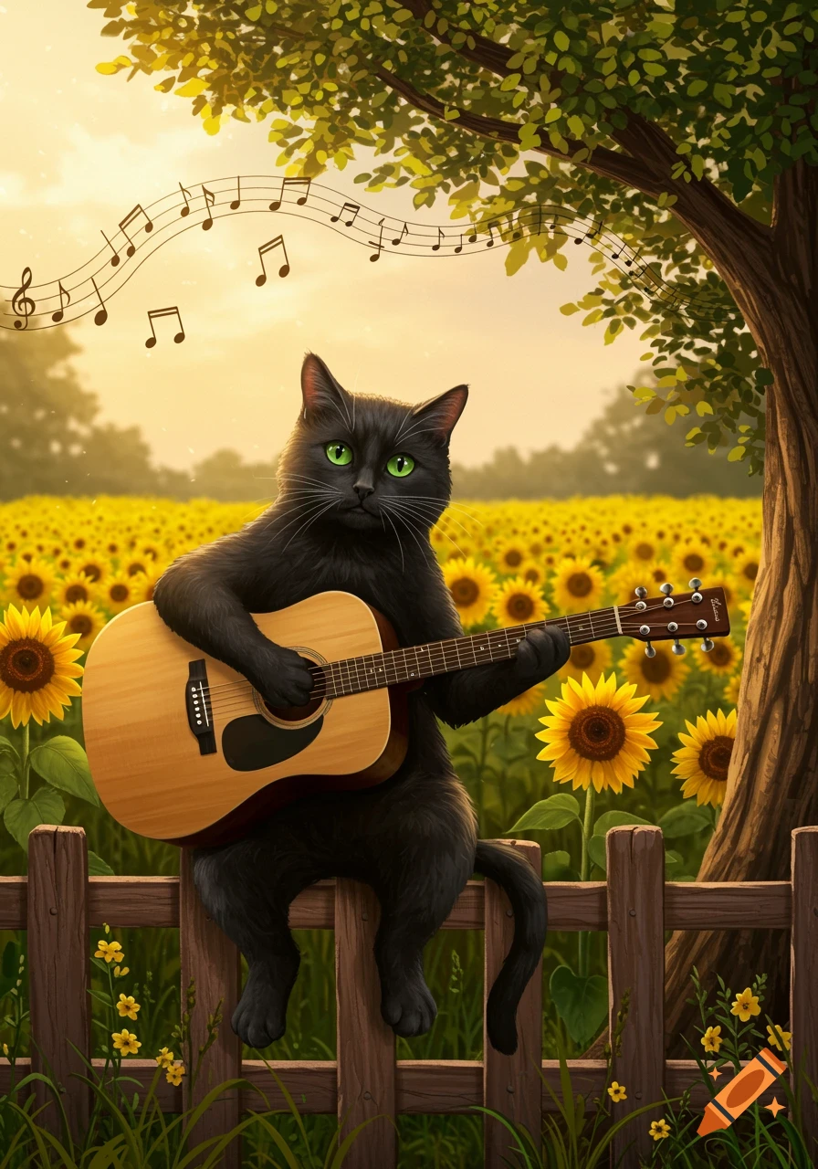 A black cat with green eyes sits on a wooden fence, playing an acoustic guitar in a field of sunflowers under a sunset sky, with musical notes floating above.
