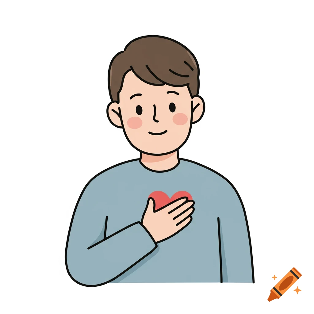 Emoji-style illustration of a smiling man with brown hair and a blue shirt, placing his hand over his heart to show thankfulness.