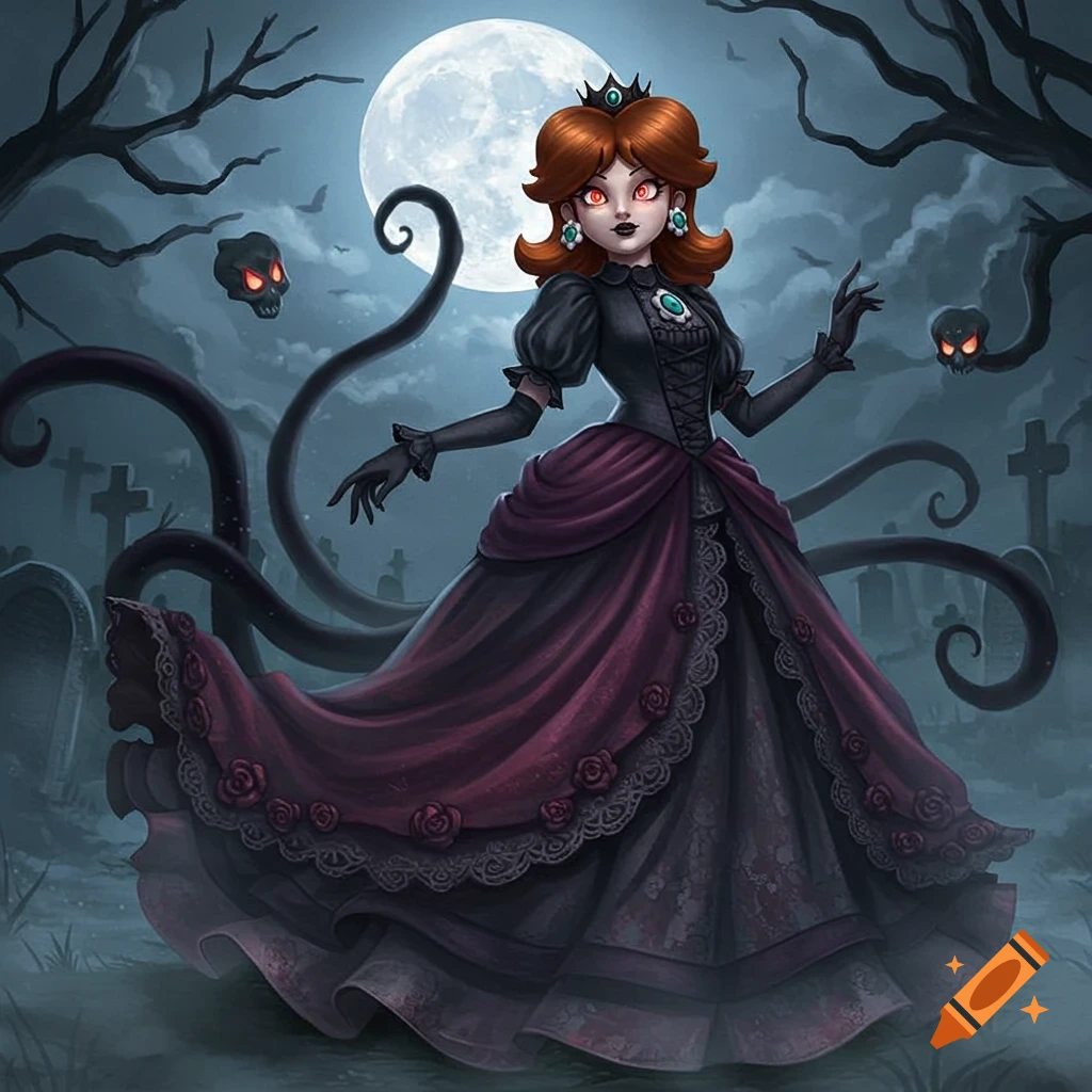 Princess Daisy in a gothic black and red dress with glowing red eyes stands in a creepy graveyard under a full moon, with dark tentacles and floating skulls.