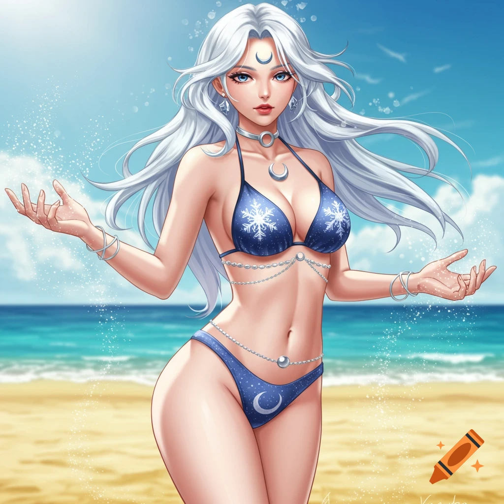 Anime woman with long white hair in a blue snowflake bikini on a sunny beach, holding icy particles.