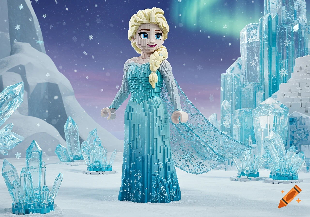 A large Lego figure of Disney's Elsa stands in a snowy landscape with ice crystals and an ice castle.