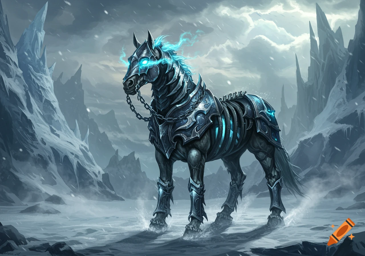 A skeletal, armored horse with glowing blue eyes and mane stands in a snowy, icy mountain landscape in a fantasy art style.