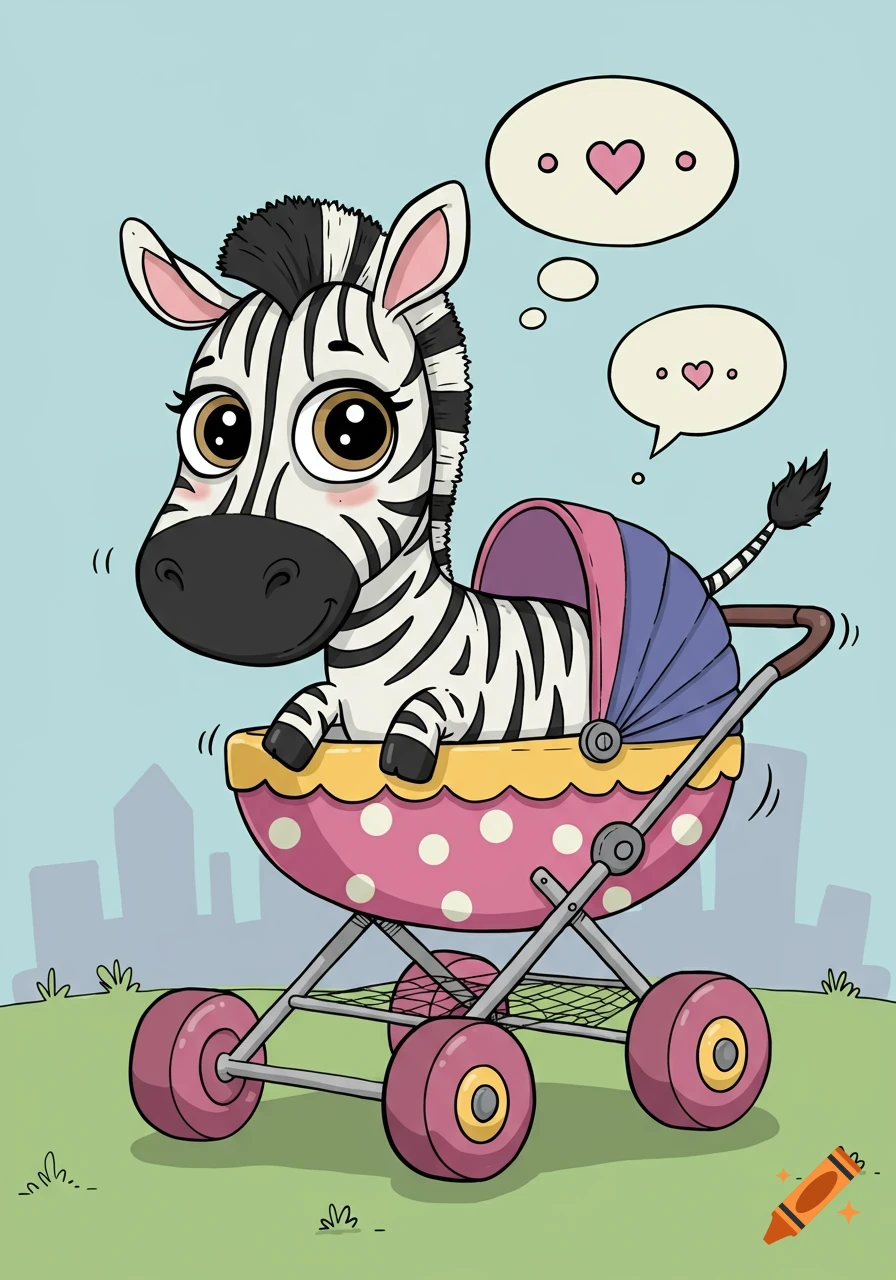 A cute cartoon baby zebra with big eyes sits in a pink polka-dot stroller with thought bubbles and hearts, against a city skyline.