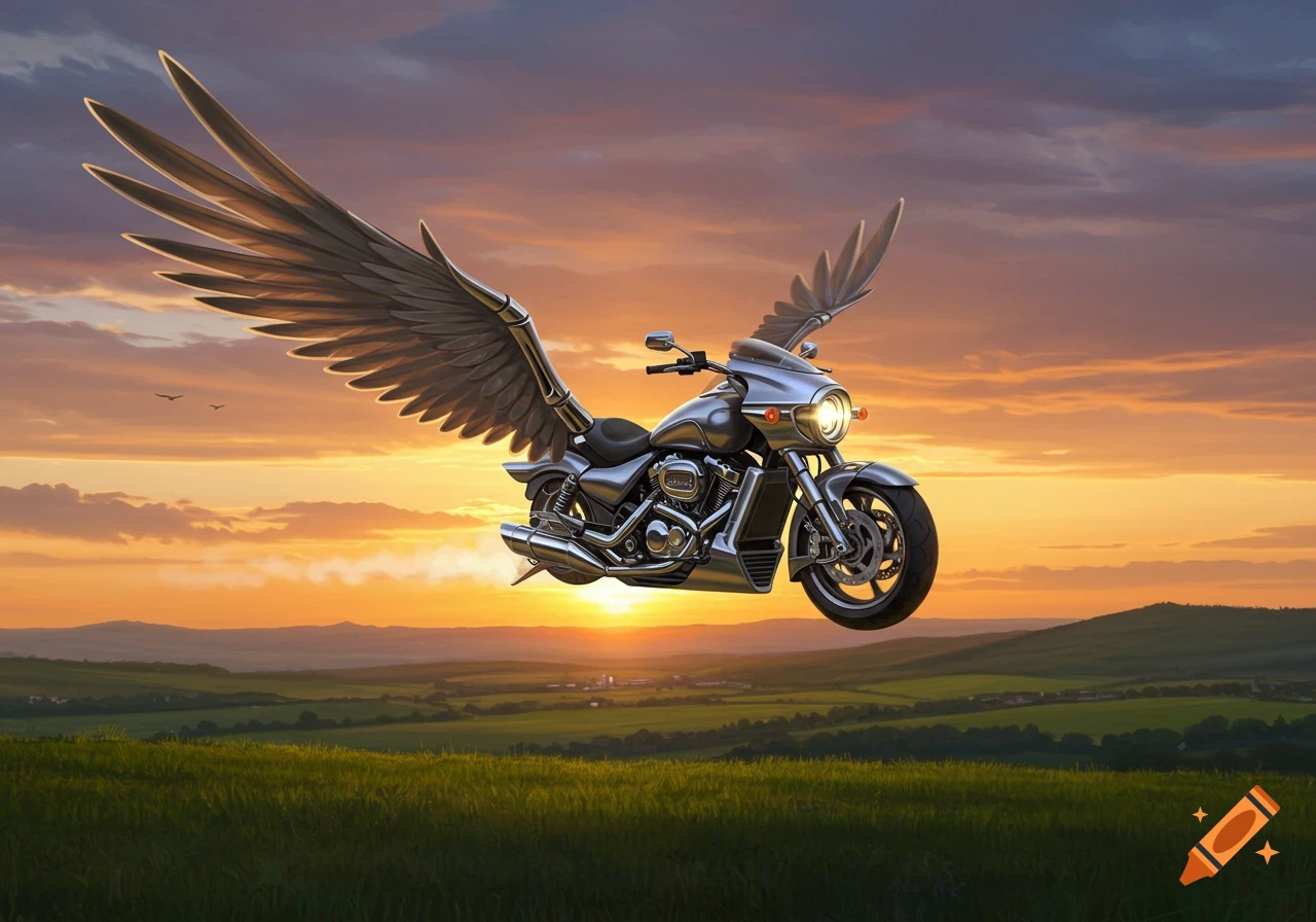 A silver motorcycle with large, realistic wings flies over a green landscape at sunset, with a vibrant orange and purple sky.