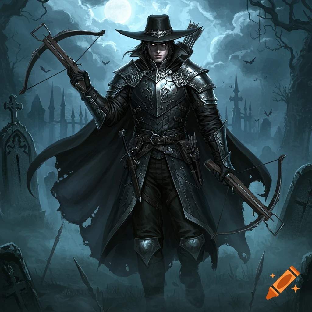 A dark fantasy vampire hunter in black armor, holding two crossbows, stands in a misty graveyard under a full moon.