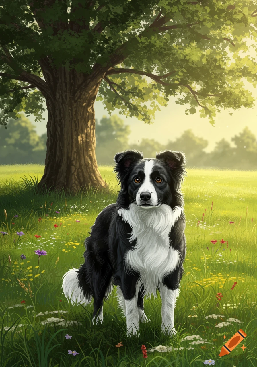 A Border Collie dog standing in a vibrant green field with colorful wildflowers under a large tree.