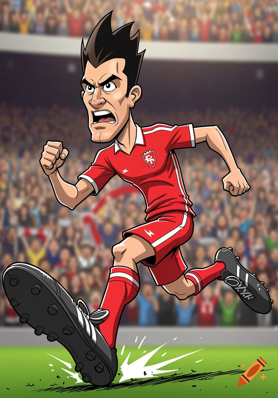 A cartoon footballer in a red uniform runs on a green field in a stadium, with a crowd blurred in the background.