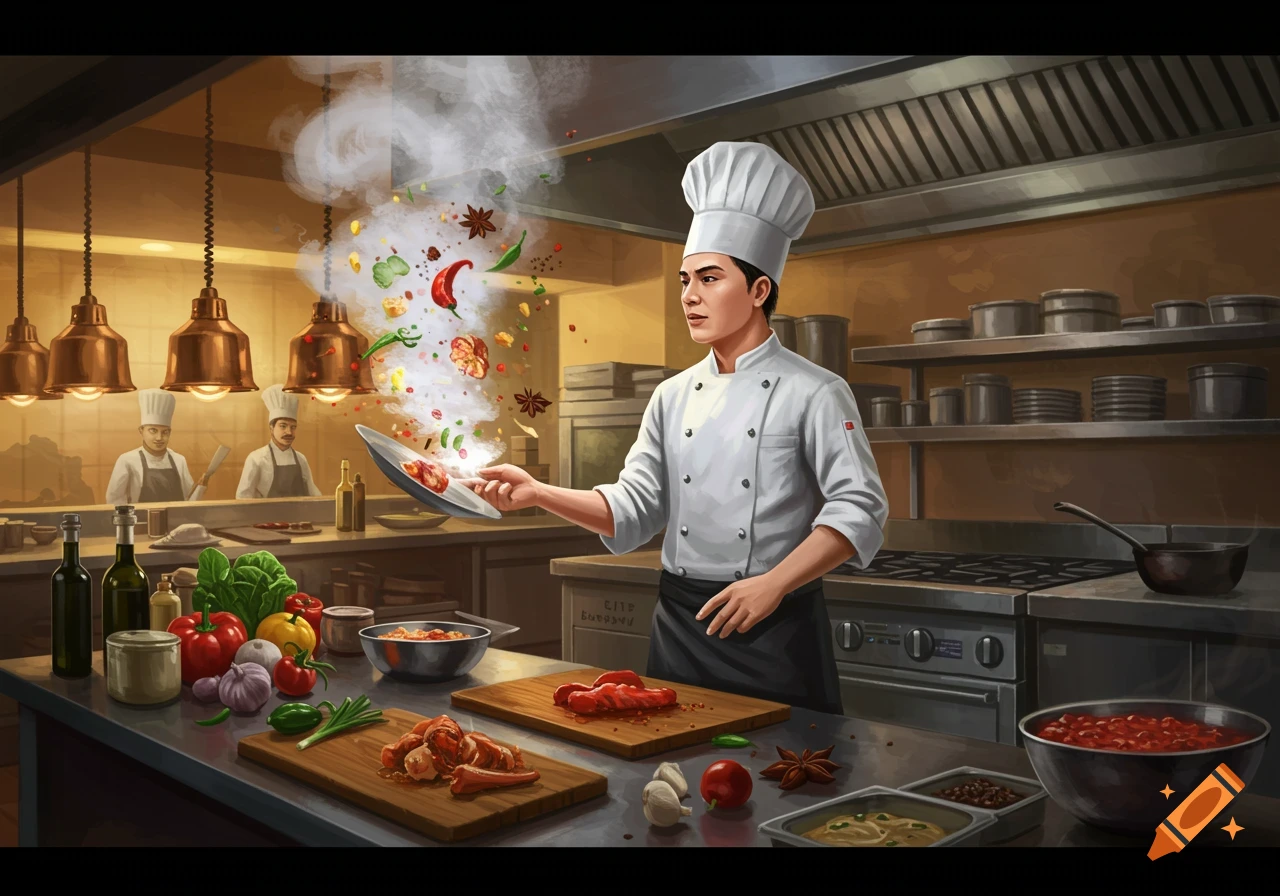A male chef in a professional kitchen tosses ingredients in a pan, with other chefs and fresh produce nearby. Stylized illustration.
