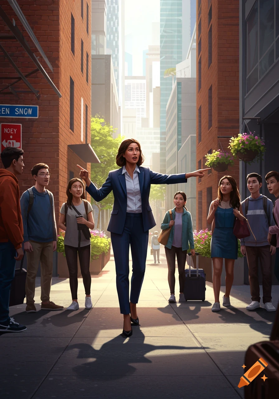 A woman in a suit gives directions to a group of people on a sunny city street lined with buildings.