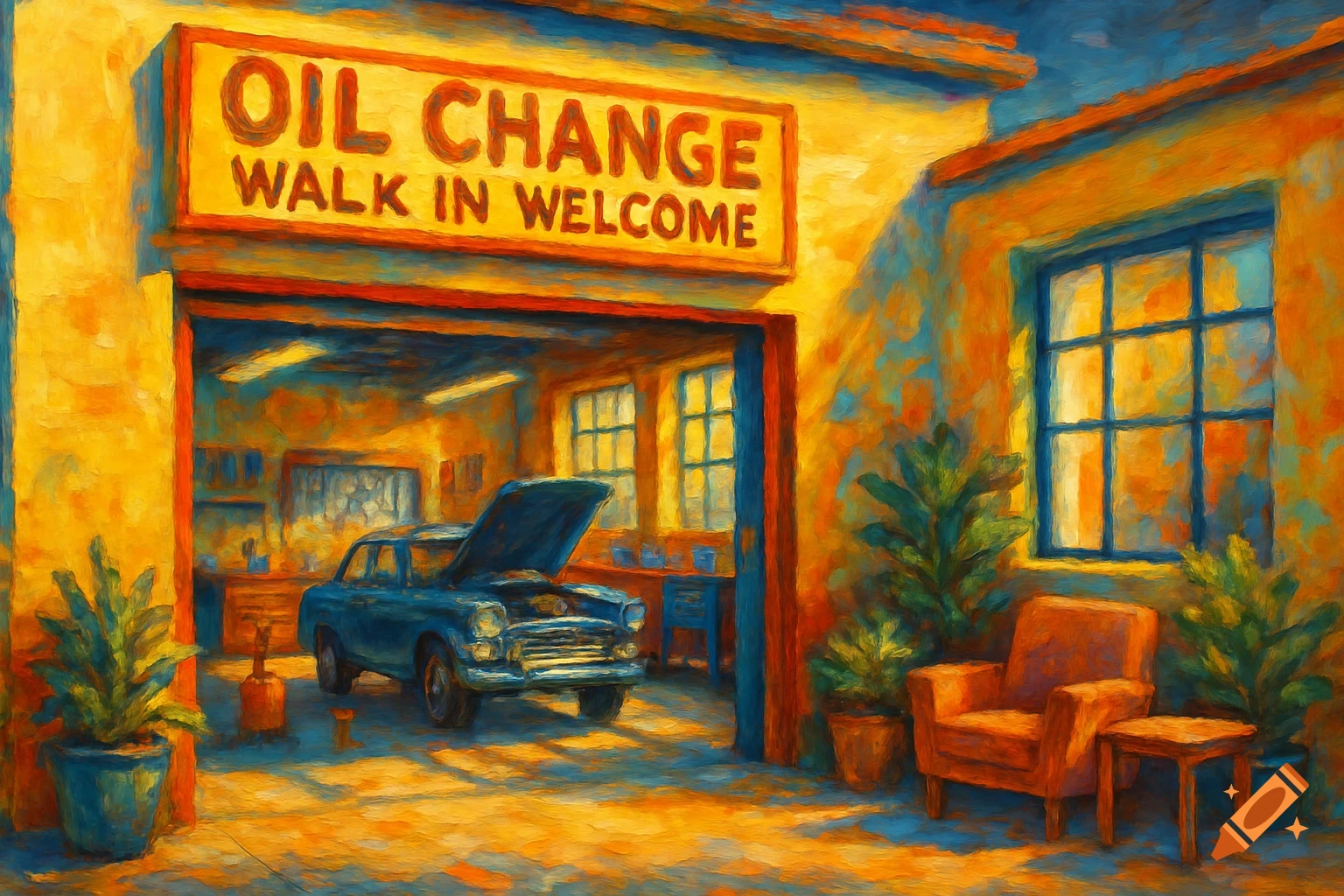 A vibrant oil painting of an oil change garage with a classic blue car inside, and an orange armchair outside.
