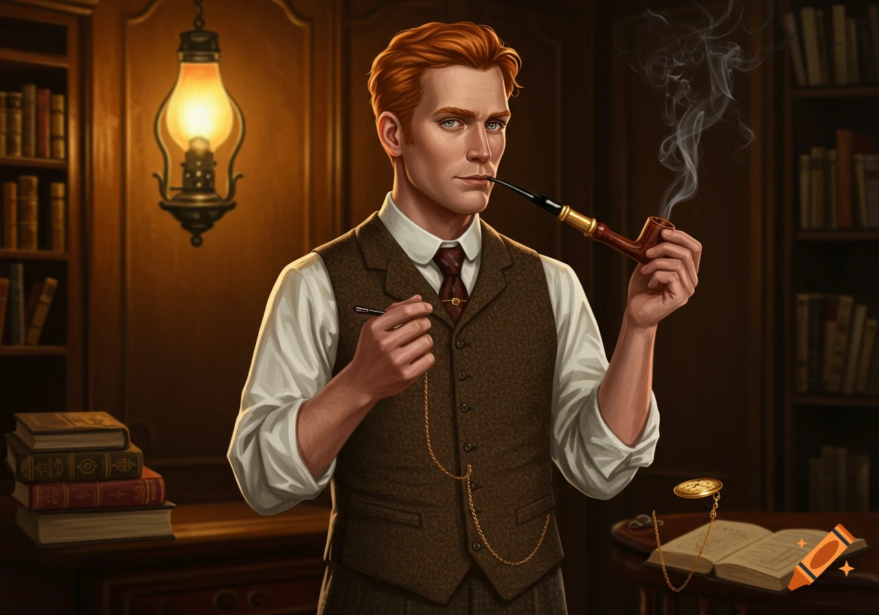 A red-haired man in a waistcoat smoking a pipe in a dimly lit library, with a pocket watch floating over a book on a wooden desk.