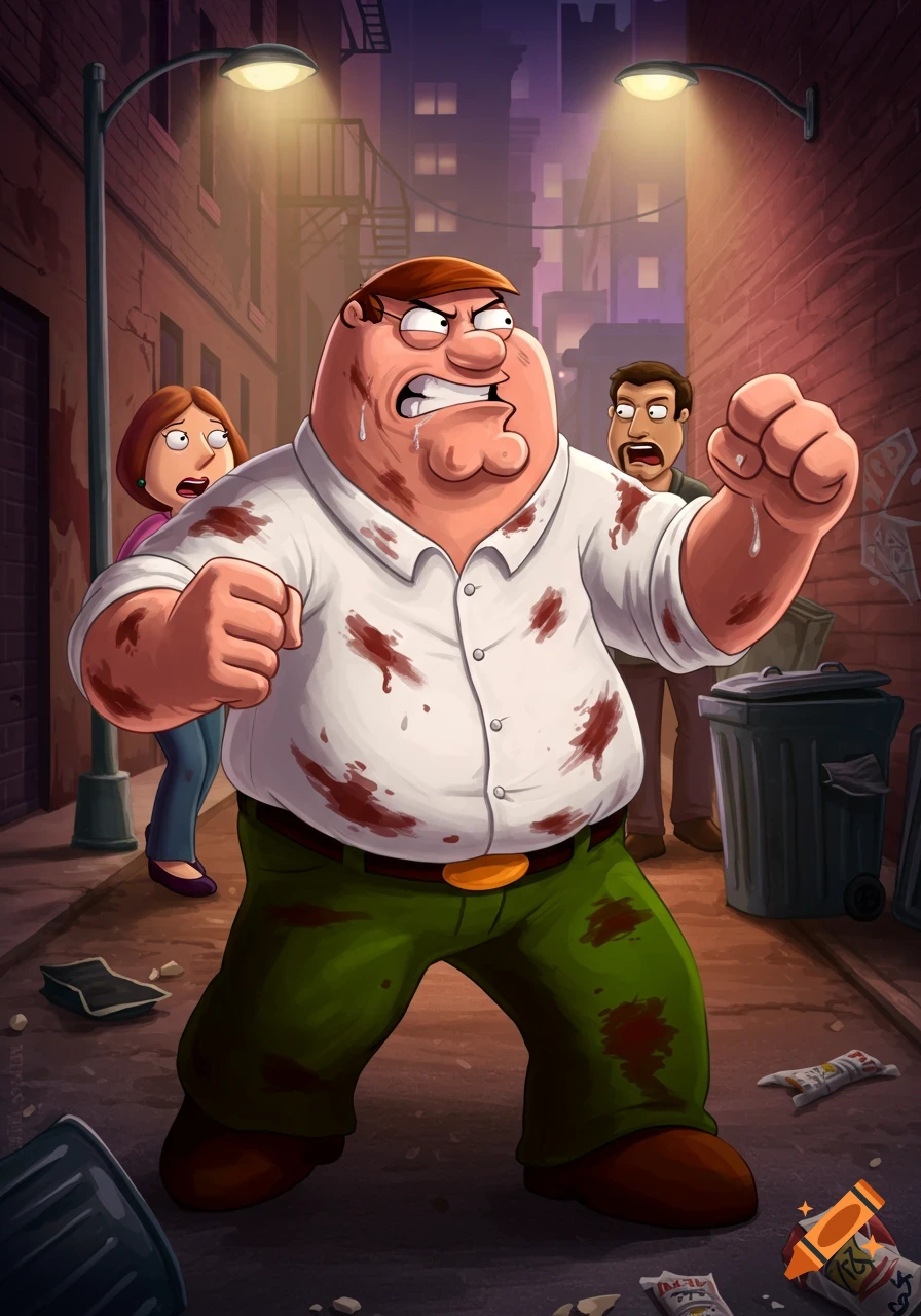 Peter Griffin, covered in blood, clenches his fists with a furious expression in a dimly lit alley. Lois and another man watch in fear. Cartoon style.