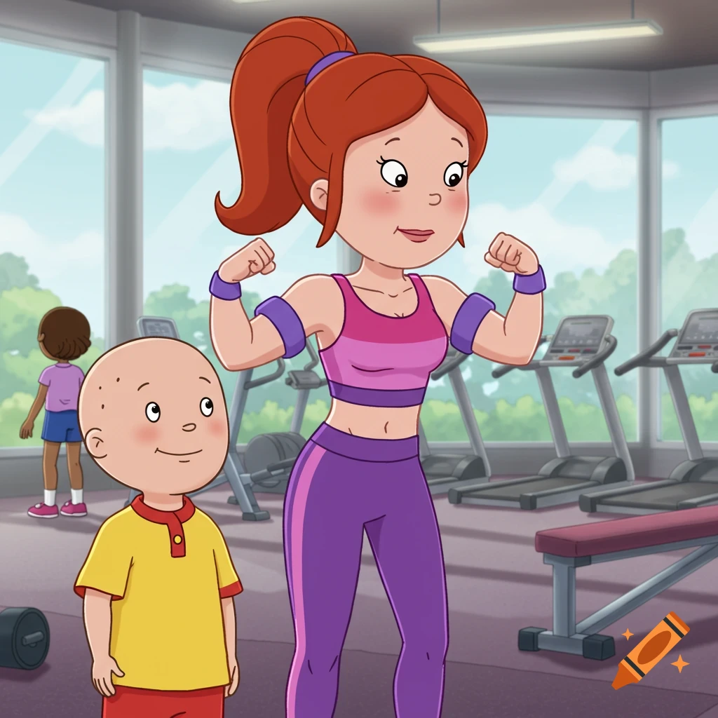 Cartoon adult Rosie flexing her arm muscles in a gym as Caillou watches.