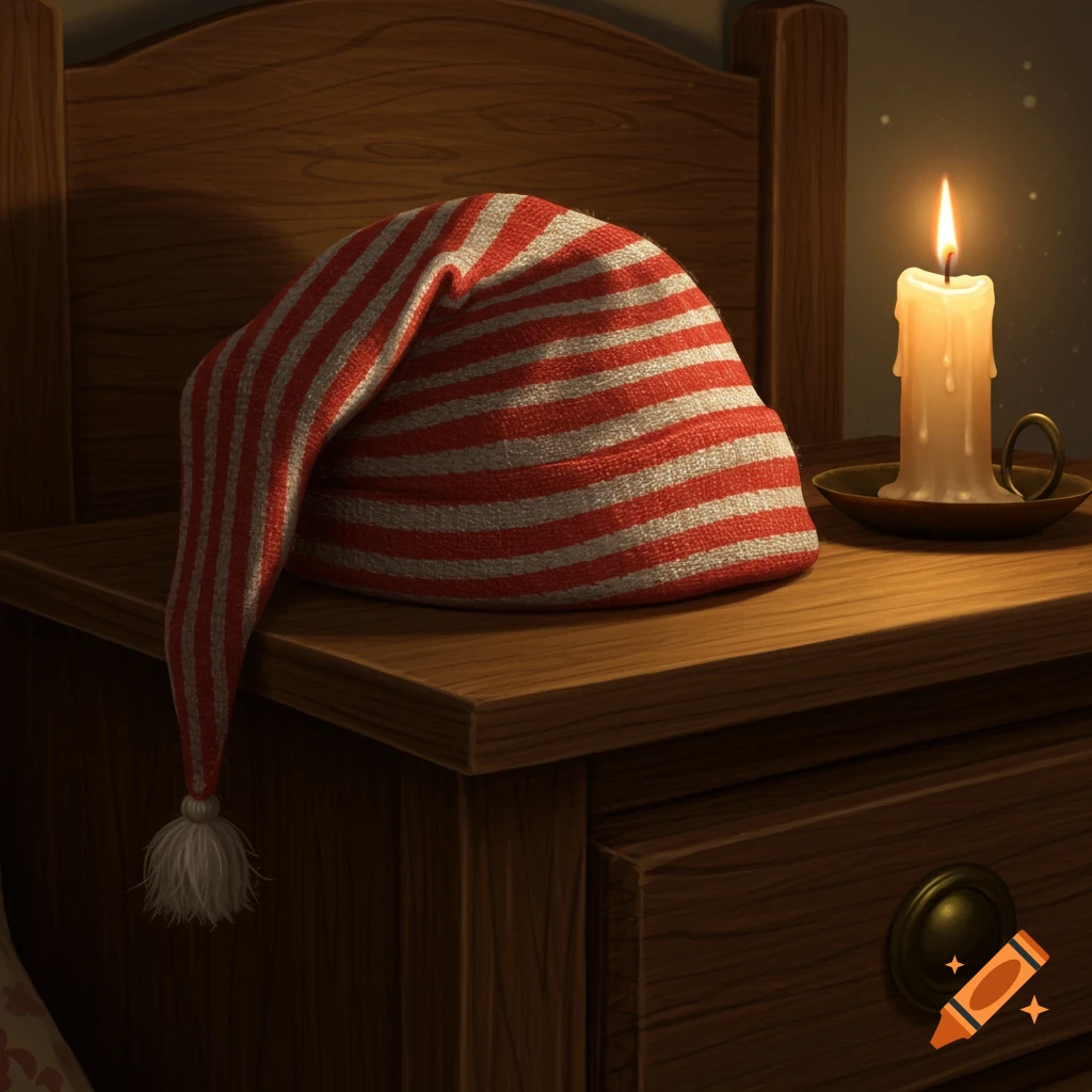 A red and white striped nightcap with a white tassel sits on a wooden nightstand next to a lit candle.