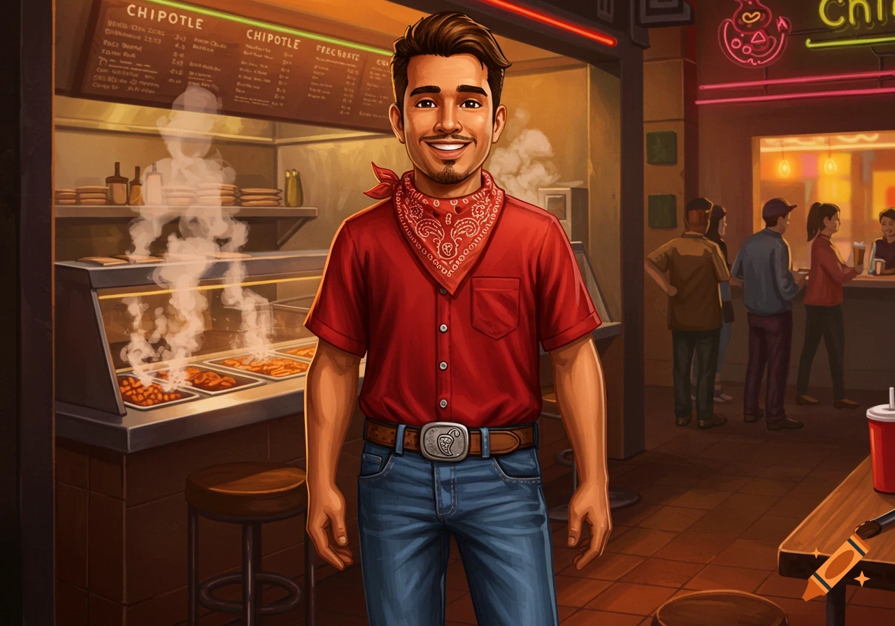 An illustrated man in a red shirt and bandana stands smiling in front of a Chipotle counter with food and menu boards.