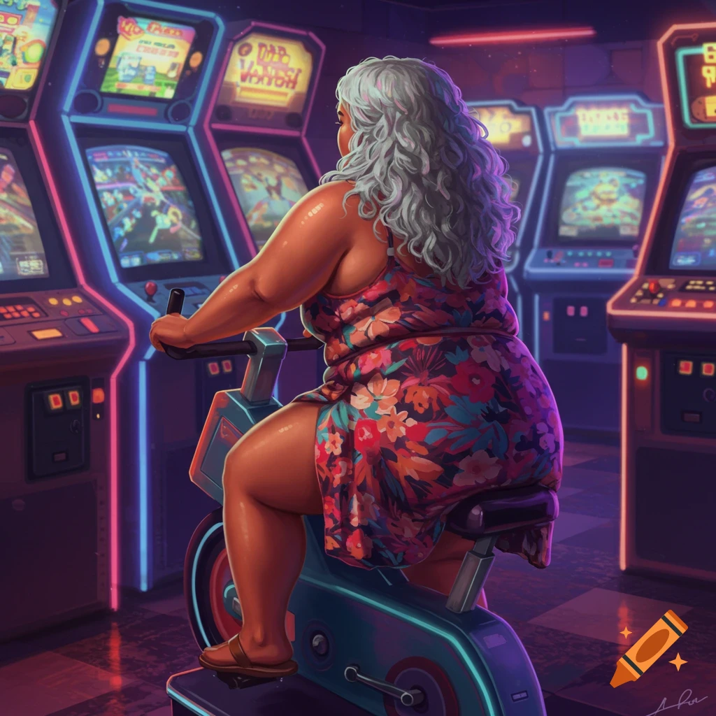Rear view of a woman with white curly hair in a floral dress riding an exercise bike in a neon-lit arcade.