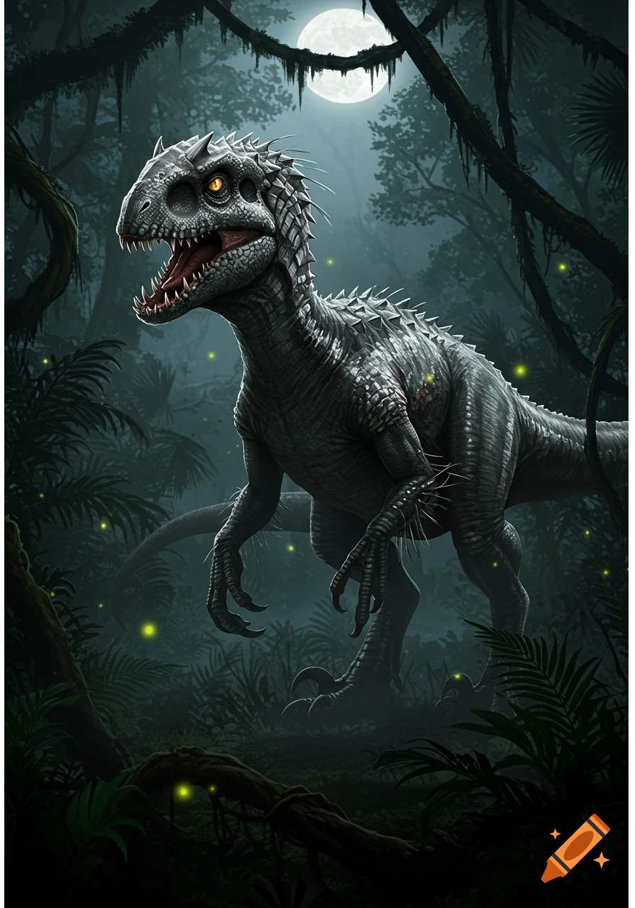 A fierce hybrid dinosaur, with yellow eyes, stands in a dark, moonlit jungle, surrounded by bioluminescent plants.